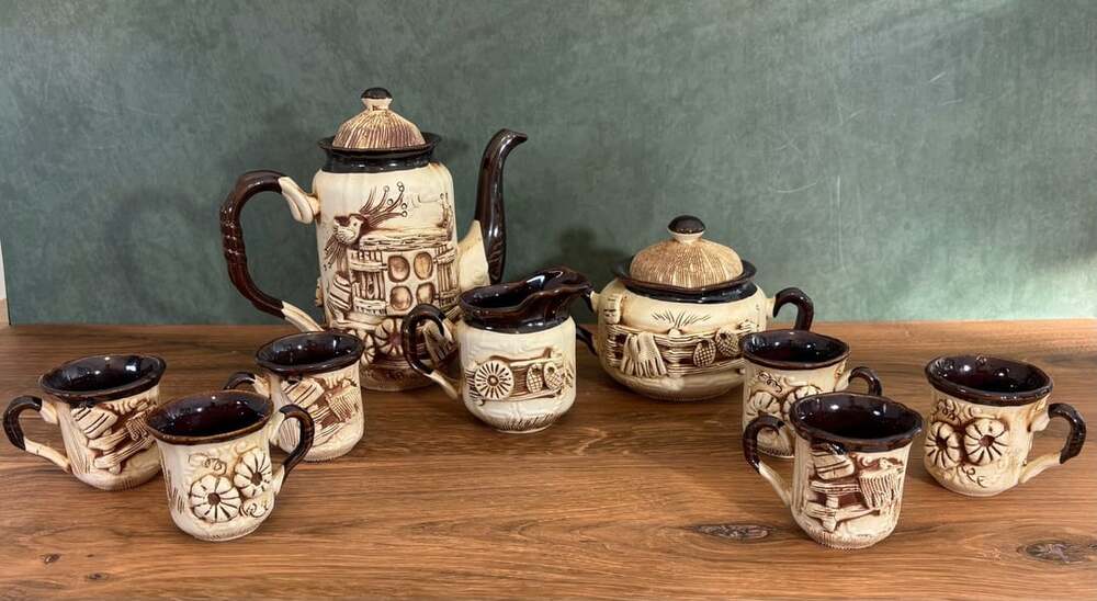 Zeller Keramik Georg Schmider Vintage Pottery Tea Set 9-Piece Brown Cream